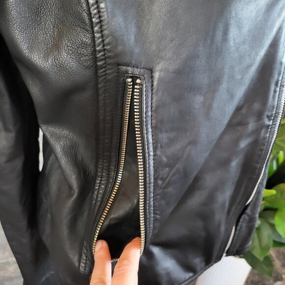 Sam Edelman Moto Biker Zip Cuff Black Jacket Leather Texture Womens Large - Picture 6 of 16